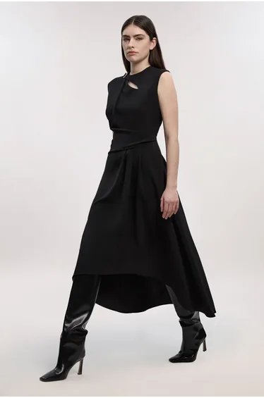 Polished Tailored Drape Neck Full Skirt Dress