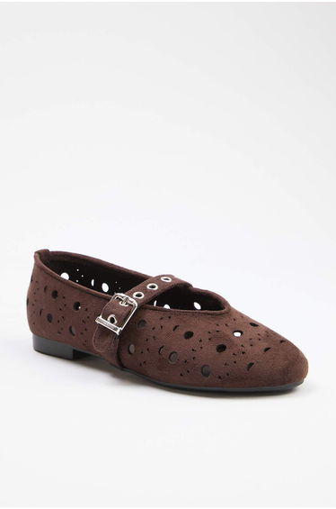 Brown Suede Laser Cut Mary Jane Women's Ballerina Flats