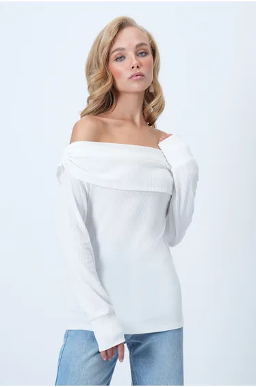 Women's White Madonna Collar Shoulder Detail Knitted Blouse