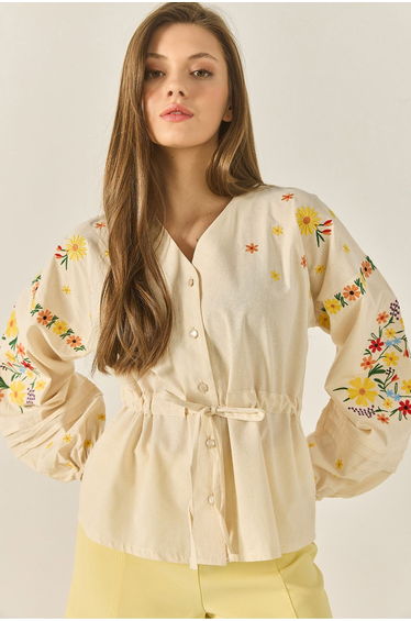 LUCCI Embroidered V-Neck Cotton Shirt with Bow