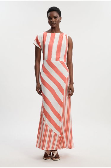 Viscose Linen Mixed Stripe Asymmetric Woven Midi Dress