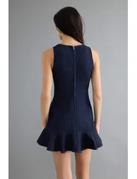 Dark Blue Flounced Skirt Sleeveless Short Denim Dress - 8