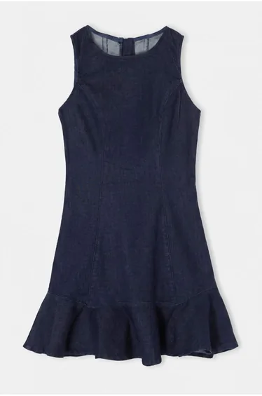 Dark Blue Flounced Skirt Sleeveless Short Denim Dress