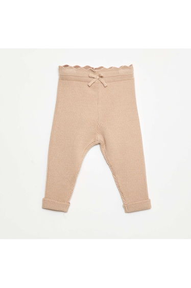 Ribbed Leggings with Decorative Bow BEIGE