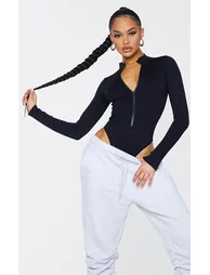 Black Contour Rib Zip Up Long Sleeve Bodysuit - 5