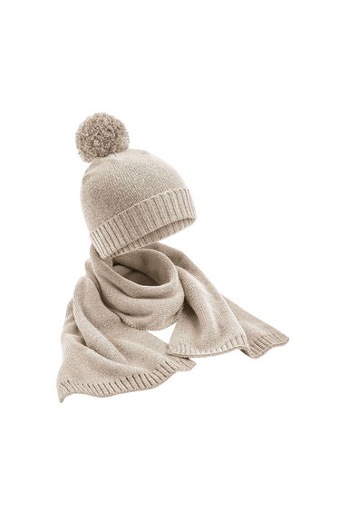 Beechfield Adult Flecked Knitted Hat And Scarf Set - Oatmeal