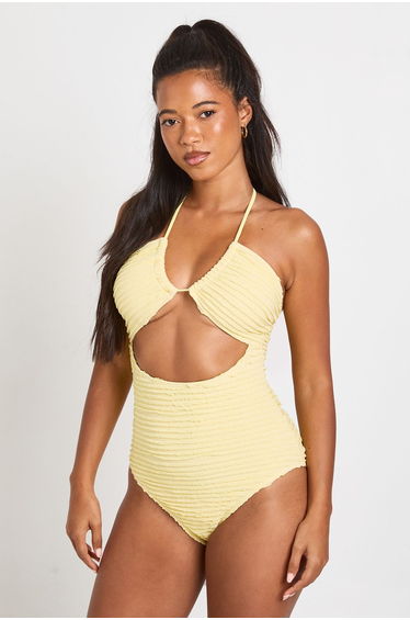 Textured Cut Out Halter Neck Swimsuit - lemon