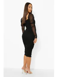 Mesh Square Neck Ruched Midi Dress - black - 1