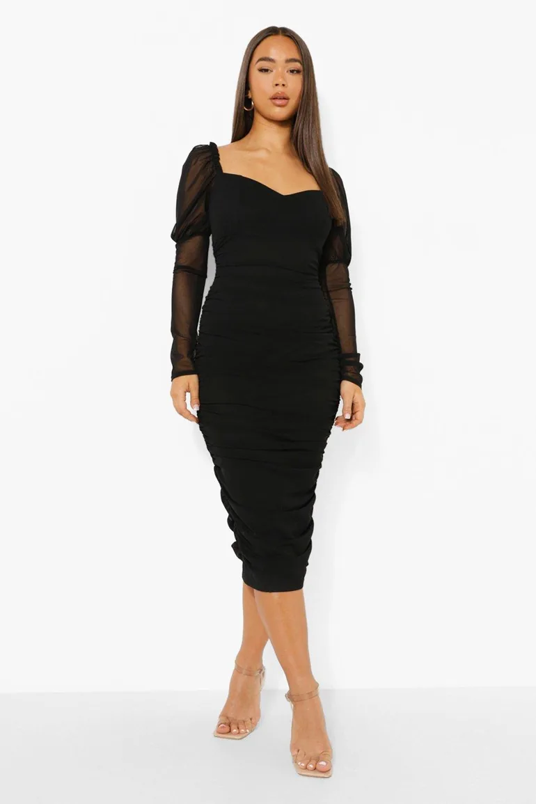 Mesh Square Neck Ruched Midi Dress - black - 3