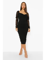 Mesh Square Neck Ruched Midi Dress - black - 3