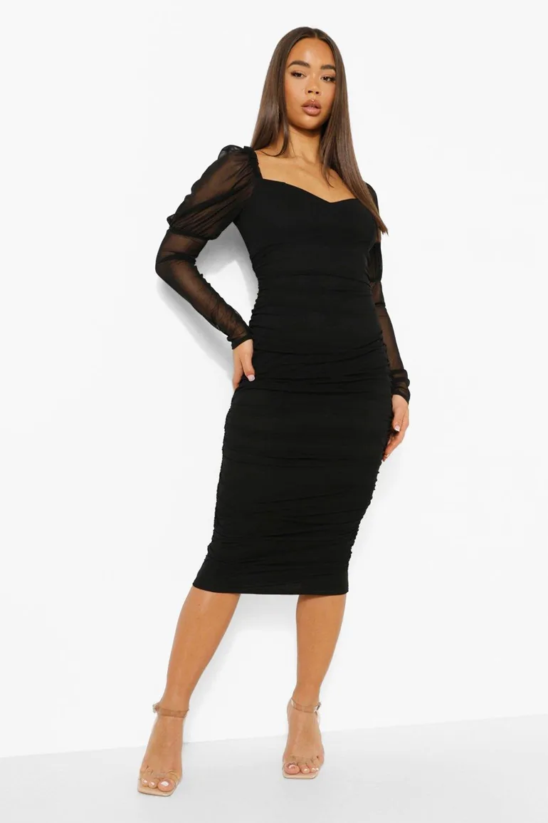 Mesh Square Neck Ruched Midi Dress - black