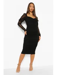 Mesh Square Neck Ruched Midi Dress - black