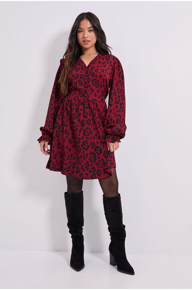 Petite Animal Button Detail Blouson Sleeve Jersey Mini Dress