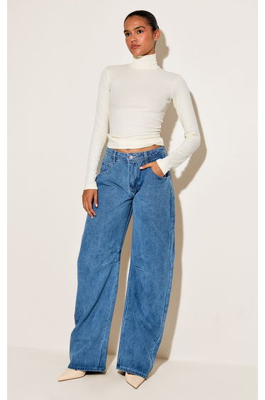 Mid Blue Wash Seam Detail Barrel Jean