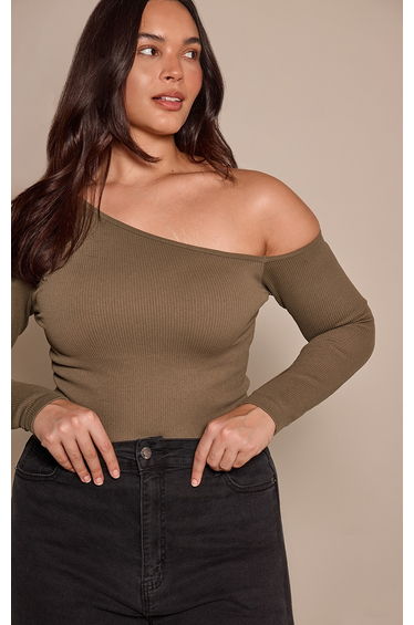 Plus Olive Contour Rib Asymmetric Long Sleeve Bodysuit