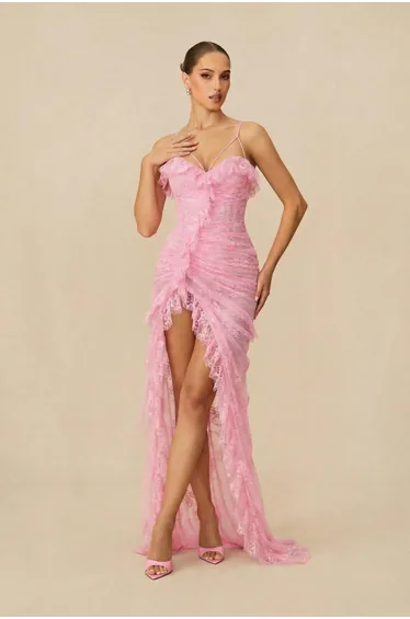 Spellbound By You Pink Spaghetti Strap High Slit Lace Maxi Dress