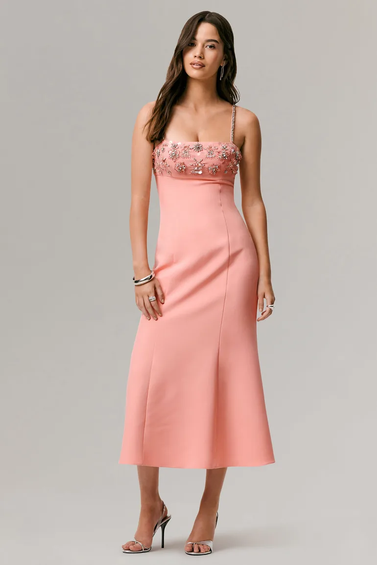 فستان كلوب ال لندن برتقالي ميدي على شكل حرف A مزين بالخرز - 3