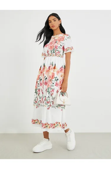 Floral Print Short Sleeve Midi Dress