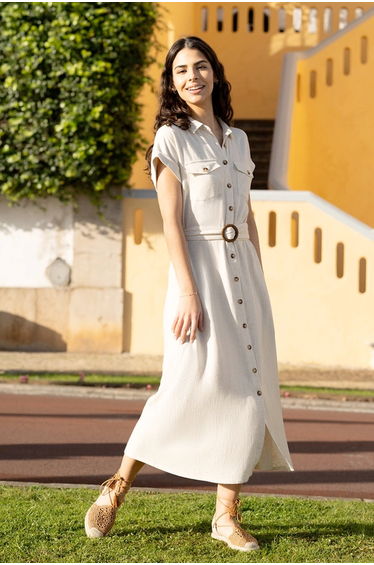 Yumi Stone Viscose Linen Look Shirt Dress With Wooden Belt