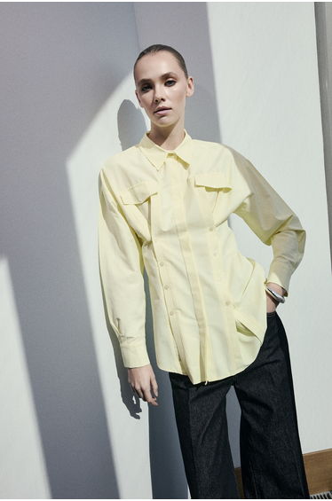 Light Yellow Cotton Fabric Front Double Placket Detailed Woven Shirt