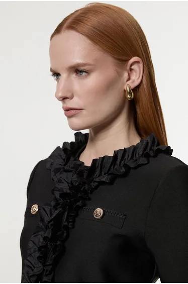 Figure Form Bandage Knit Jacket With Woven Ruffle Trim