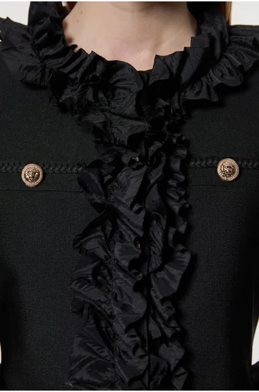 Figure Form Bandage Knit Jacket With Woven Ruffle Trim