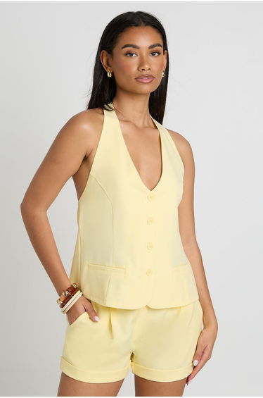 Marl Button Front Halterneck Waistcoat - lemon