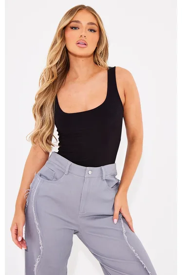 Black Basic Slinky Scoop Neck Bodysuit