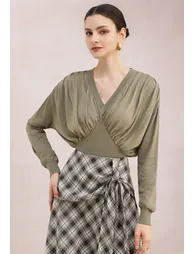 Ruched V-Neck Long Sleeve Lyocell Knitted Top in Sage for City Strolls & Cafe Hangouts - 1
