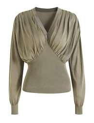 Ruched V-Neck Long Sleeve Lyocell Knitted Top in Sage for City Strolls & Cafe Hangouts - 2