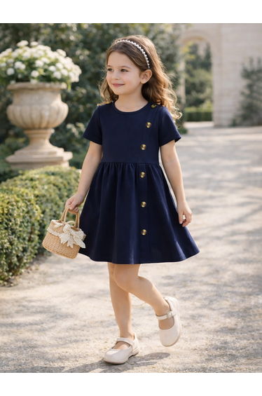 Girls Solid Short Sleeve Dress with Button Detail