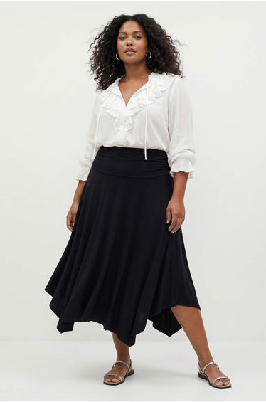 Black Waist Detailed Slit Stretchy Knitted Maxi Plus Size Skirt