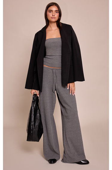 Charcoal Grey Drawstring Slouchy Wide Leg Trousers