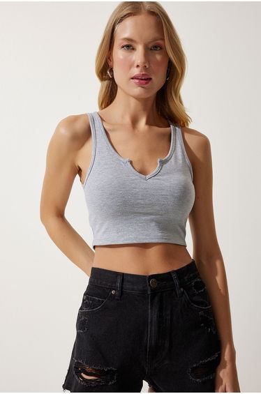 Women's Gray Strappy Crop Knitted Blouse