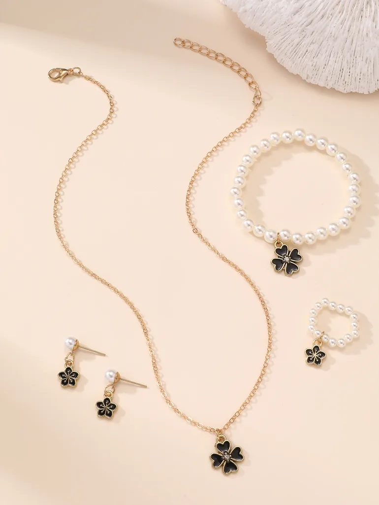 Girls Black Clover Charm and Pearl Necklace, Bracelet, Ring and Earrings Set - 3