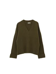 V Neck Knit Sweater - DARK OLIVE