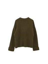 V Neck Knit Sweater - DARK OLIVE - 1