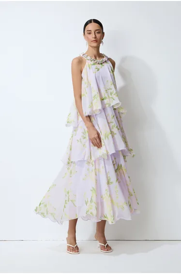 Collected Memories Purple Floral Print Layered Ruffle Maxi Dress