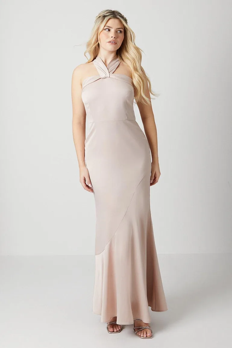 Debut London Twist Halterneck Satin Bridesmaids Dress - mink