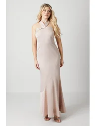 Debut London Twist Halterneck Satin Bridesmaids Dress - mink