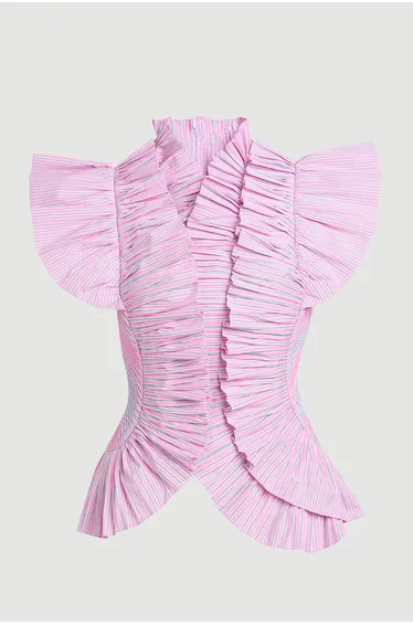 توب كارين ميلين زهري بطبعة مخططة بكشكش بأكمام قصيرة