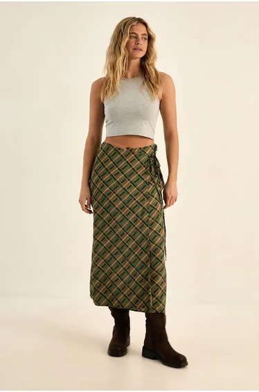 Check Wrap Maxi Skirt