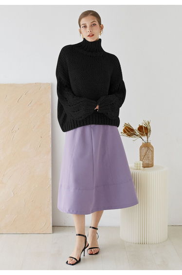 Pointelle Sleeve High Neck Hand-Knit Sweater in Black