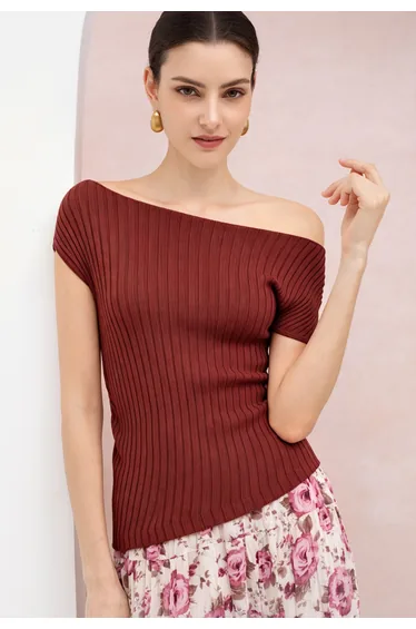 Short Sleeve Asymmetric Ribbed Knit Top in Rust for Office Wear & Brunch Dates