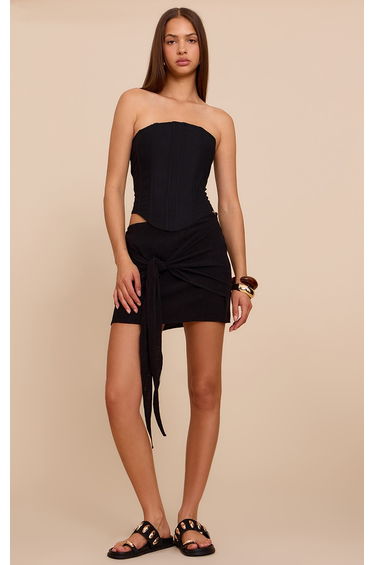 Black Linen Look Knot Detail Mini Skirt