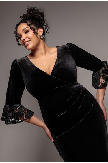 Goddiva Plus Crochet Velvet Wrap Midi Dress - Black
