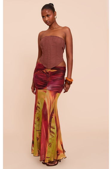 Orange Printed Mesh Overlay Maxi Skirt