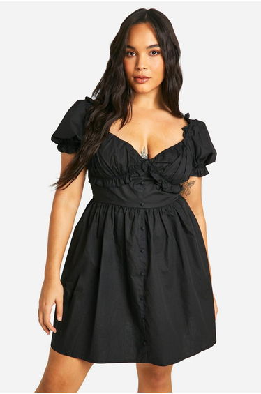 Plus Woven Milkmaid Button Down Skater Dress