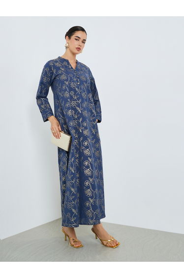 Women Navy Blue Floral Print A-Line Jalabiya