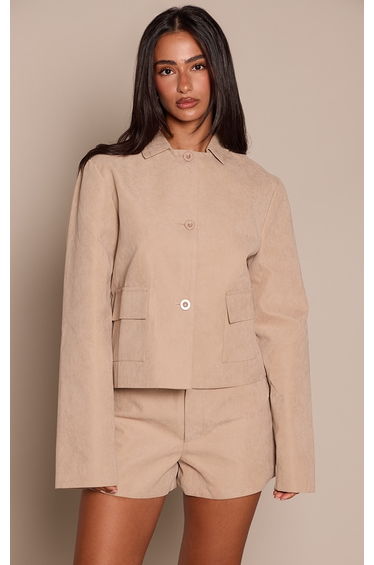 Petite Beige Peachskin Button Up Boxy Jacket